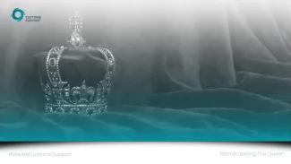 Remembering the Queen (UK) Crown on black and white background with a teal overlay.